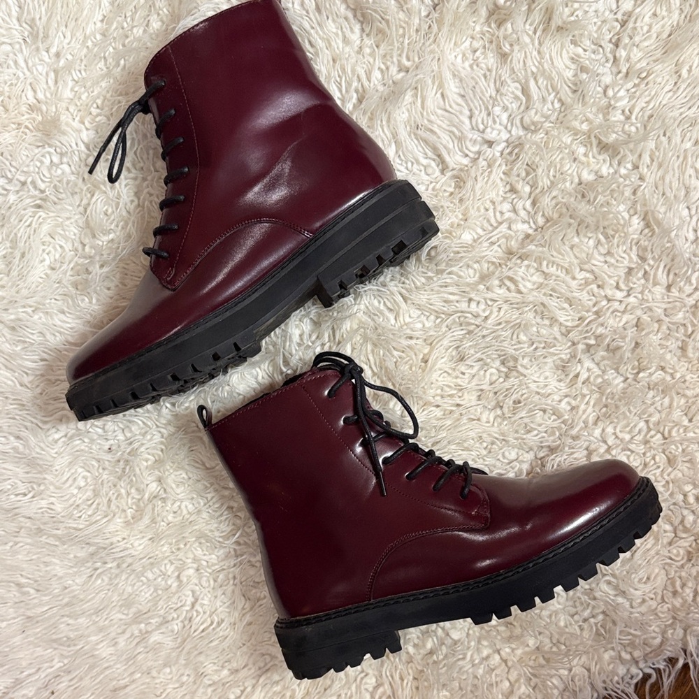 Burgundy Lace-Up Combat Boots